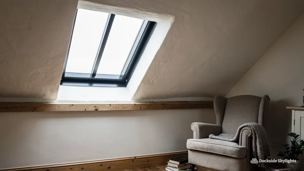 Attic room with an armchair beneath a black-framed conservation rooflight with a centre bar