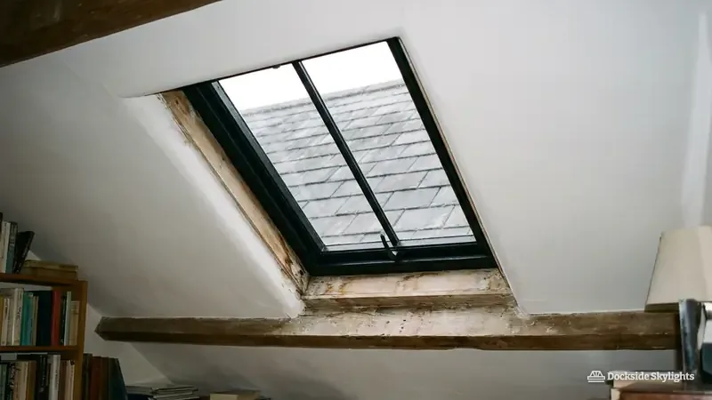 Black conservation rooflight seen from a loft study, with the slate roof outside