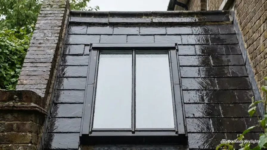 Black conservation rooflight in the slate face of a red-brick dormer