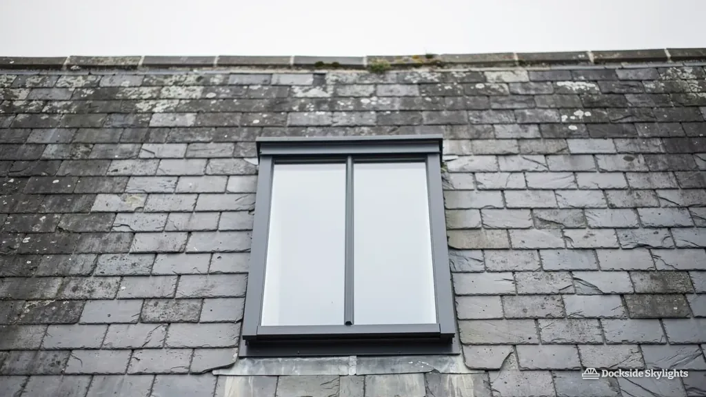 Black conservation rooflight with a central glazing bar in an old slate roof