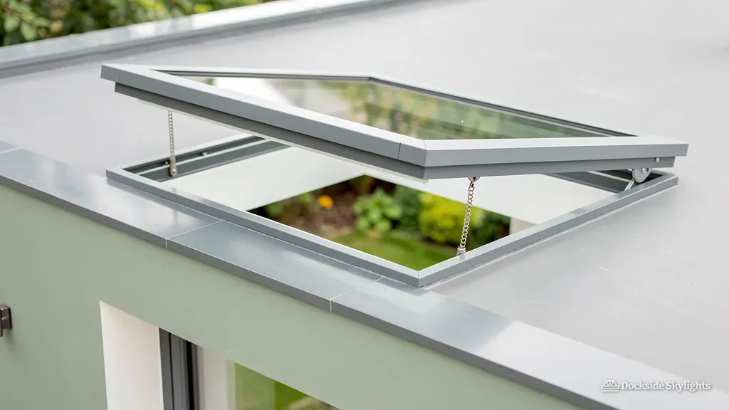 Flat electric rooflight lifted open on its actuator