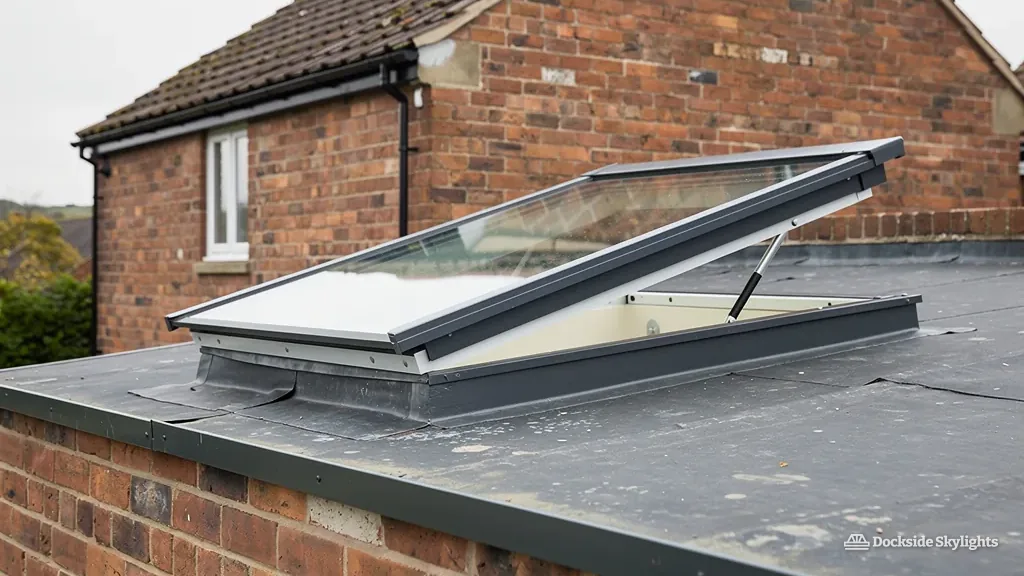 Hinged electric rooflight open on a flat roof beside a red-brick wall