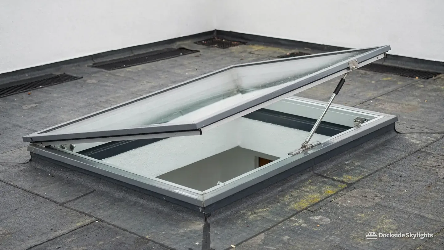 Opening rooflight raised on its stay arm on a flat roof between white parapet walls