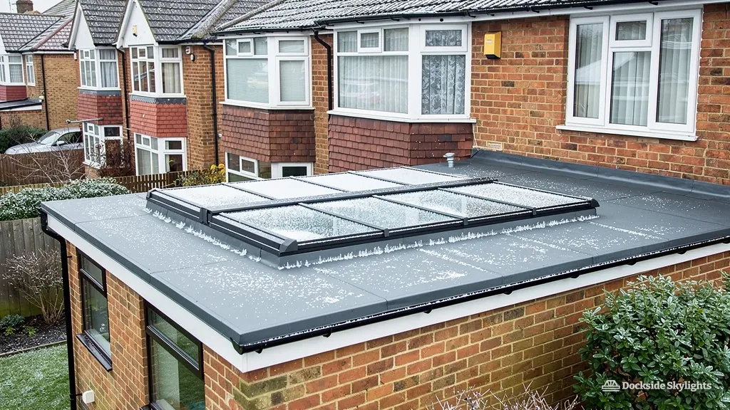 Wide flat rooflight on a frosty extension roof behind a row of brick semis