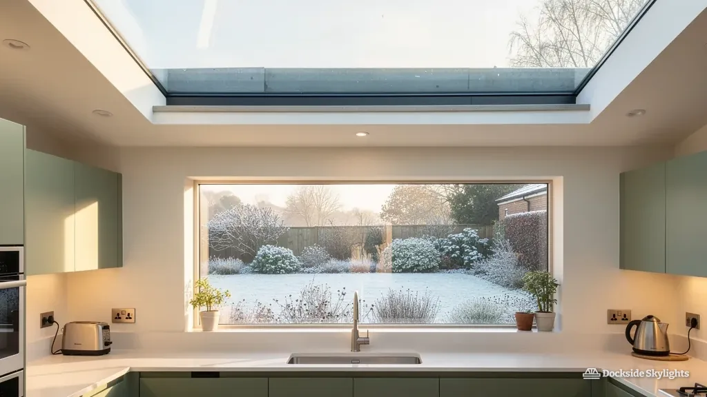 Kitchen lit by a flat rooflight on a frosty morning, with a white garden outside