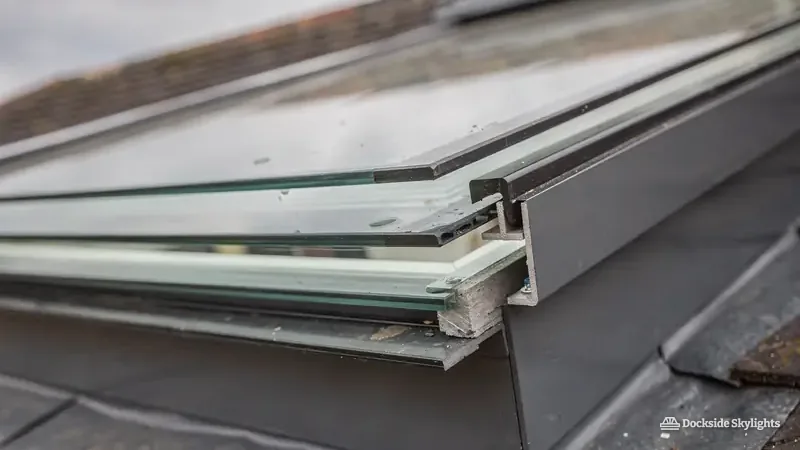 Close view of the layered glass and frame edge of a rooflight