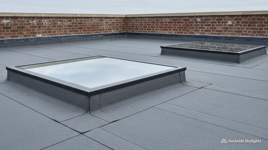 Two flat rooflights on a grey single-ply roof behind a red-brick parapet