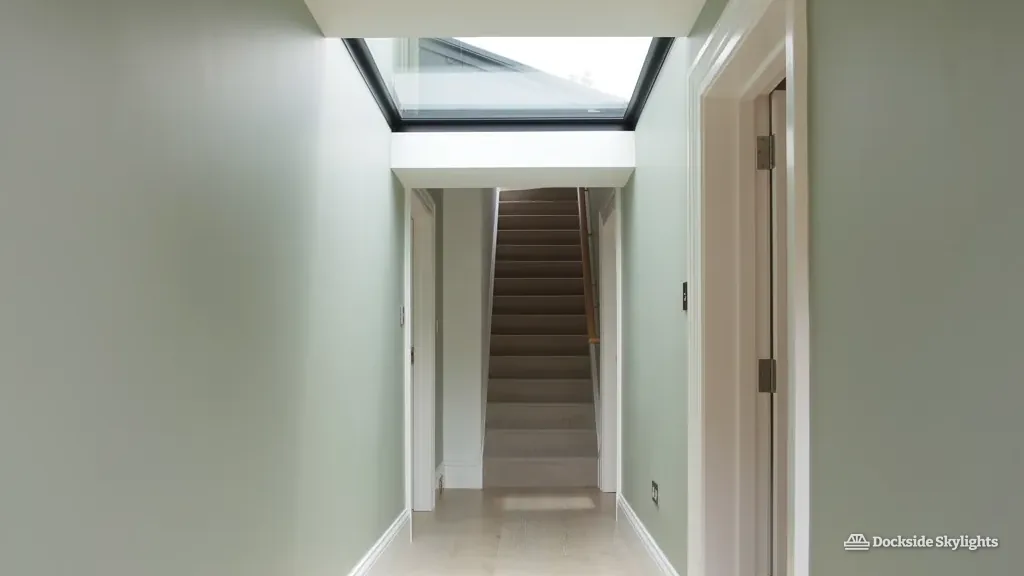 Narrow hallway lit by a flat rooflight in the ceiling, with stairs at the far end