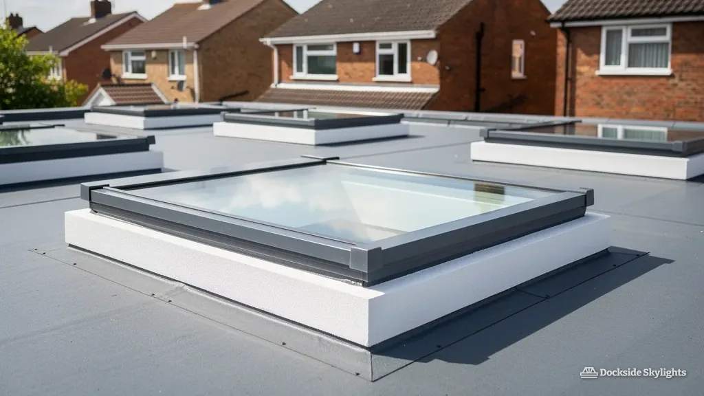 Flat rooflights on raised upstands across a flat roof, with red-brick semis behind