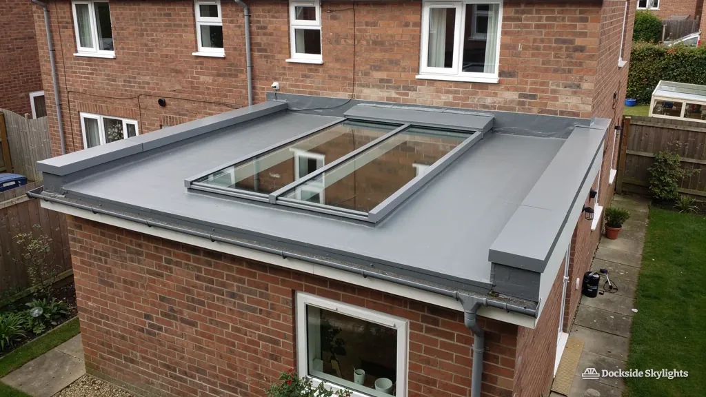 Twin-pane flat rooflight on a grey roof over a red-brick rear extension