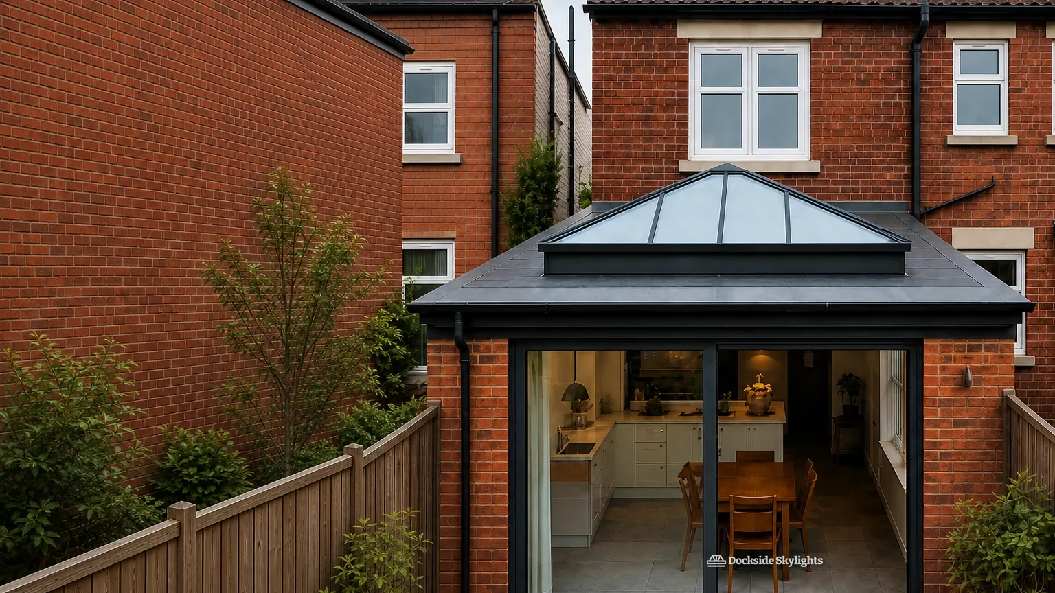 A roof lantern on the flat roof of a rear kitchen extension behind a red-brick house