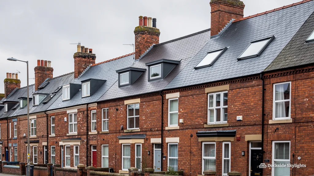 Red-brick Victorian terrace with roof windows set flush into the grey slate roofs and dormers further along the row