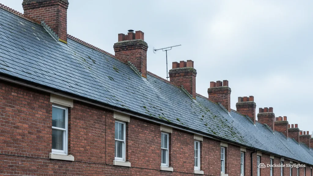 Long row of red-brick terraced houses with grey slate roofs and chimney stacks