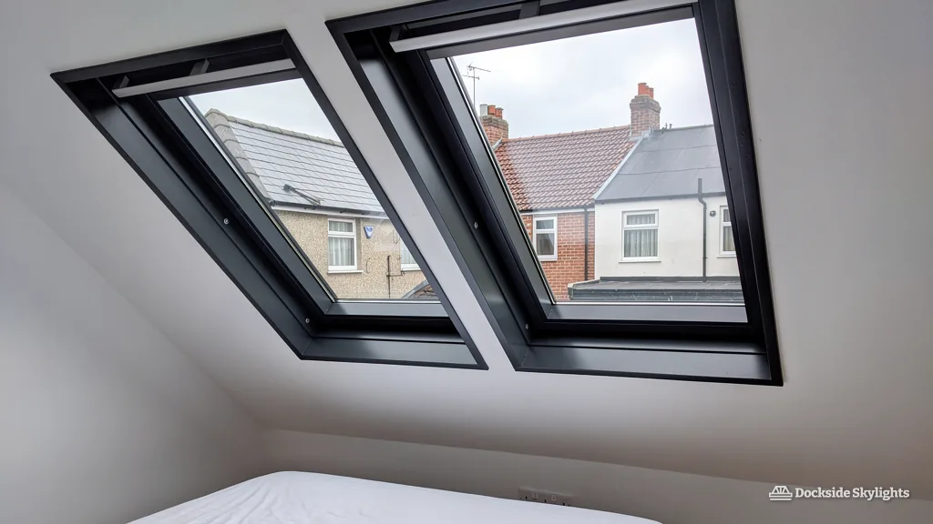Converted loft bedroom lit by two roof windows in the sloping ceiling