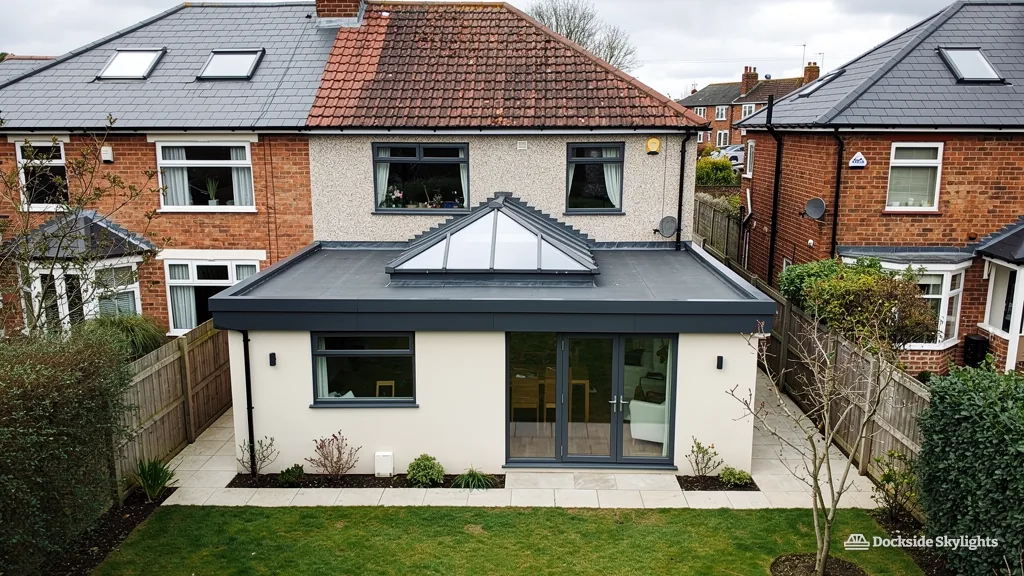 1930s semi-detached house with a rear extension and roof lantern