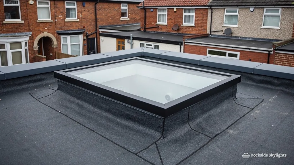 Flat rooflight on an insulated kerb, with the dark single-ply roof membrane dressed up the sides of the upstand
