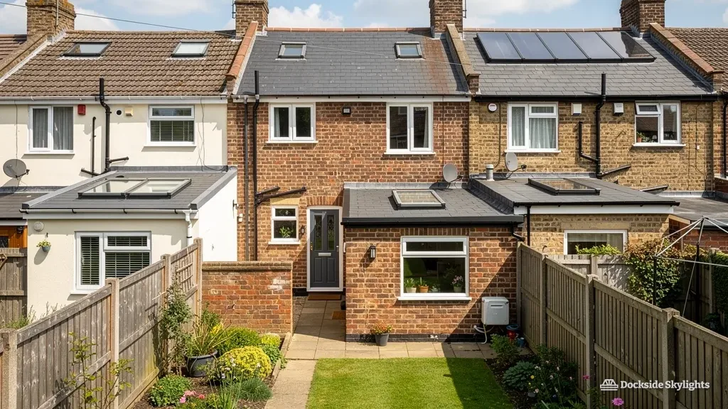 Backs of a red-brick terrace with single-storey rear extensions and rooflights on the flat roofs