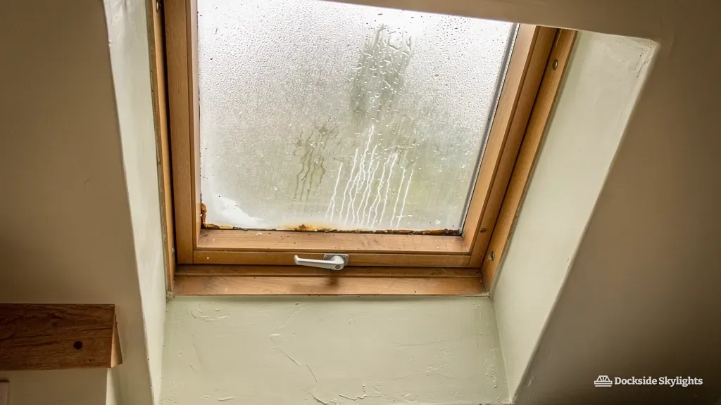 Roof window with the glass misted between the panes