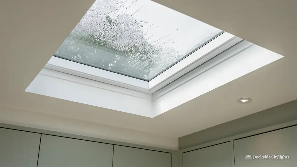 Flat rooflight from below with condensation trapped inside the glass