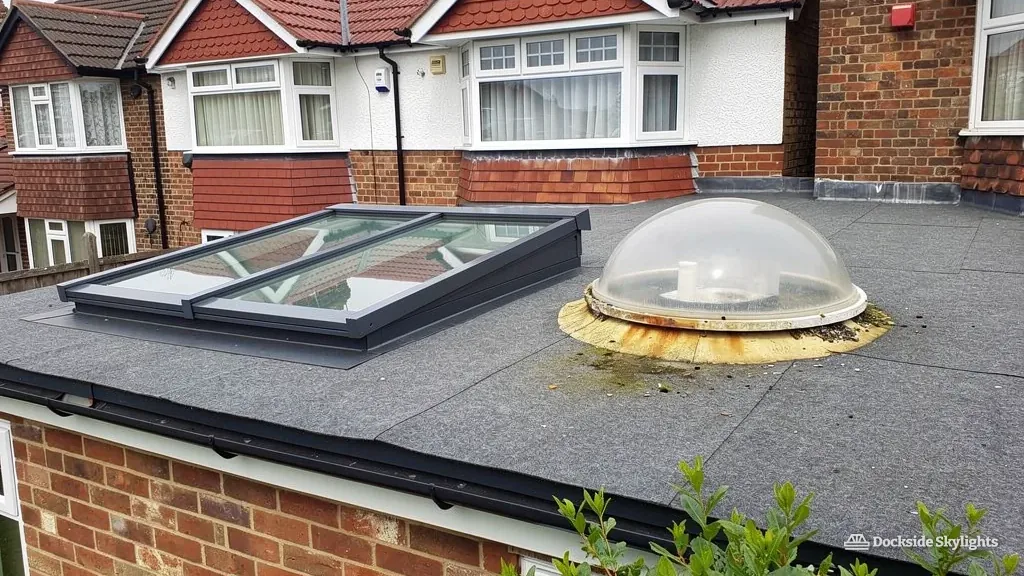 Old yellowed dome beside a new flat rooflight on an extension roof