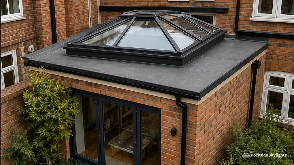 Roof lantern on the flat roof of a red-brick rear extension with bifold doors
