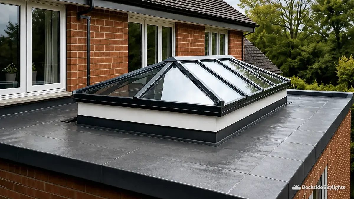 Close view of a dark grey roof lantern on the flat roof of a red-brick extension