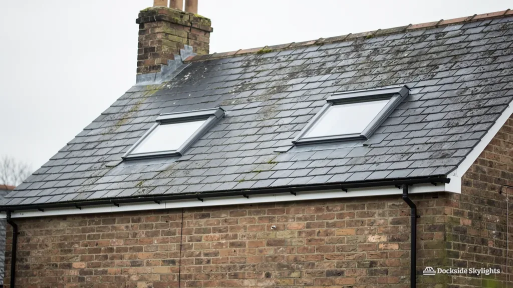 Two roof windows set into the slate roof of a red-brick terraced house