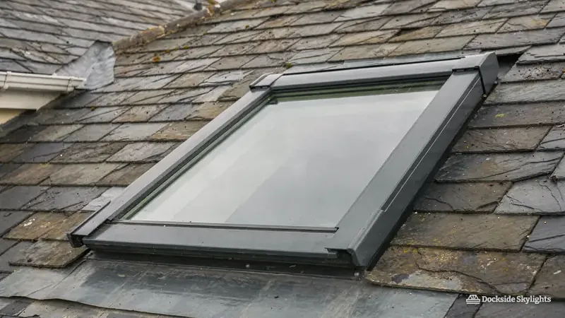 Close detail of roof window flashing in a slate roof
