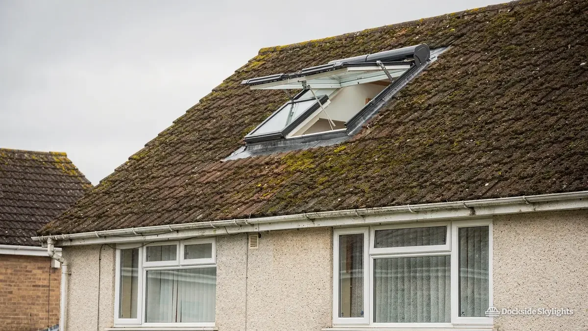 Two roof windows, one propped open, in the tiled roof of a rendered semi-detached house