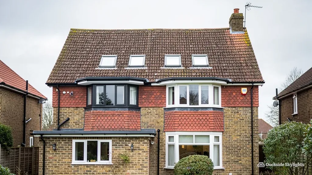 Four roof windows in the rear roof of a brick house with a red-tiled first floor, seen from the garden