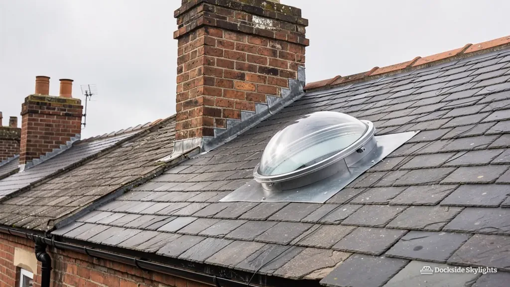 Clear sun tunnel dome on the slate roof of a red-brick terrace, beside a chimney