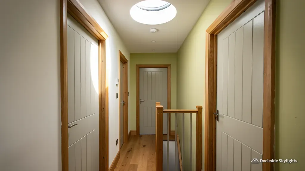 Round sun tunnel diffuser lighting a landing between doors