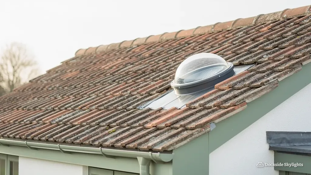 Sun tunnel dome on a tiled roof above a rendered wall