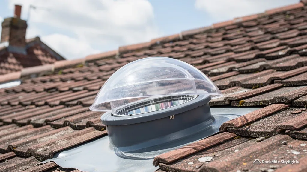 Close view of a clear sun tunnel dome and flashing on a clay-tiled roof