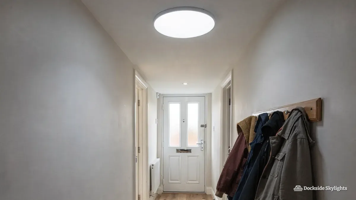 Narrow hallway with coats on hooks, lit by a round sun tunnel diffuser