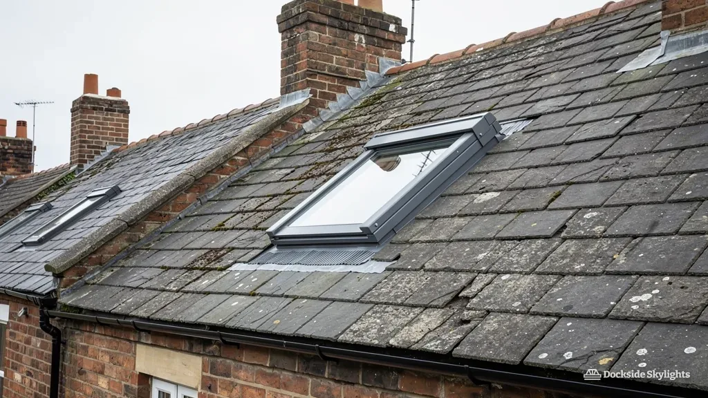 Roof window in the weathered slate roof of a red-brick terrace with chimney stacks