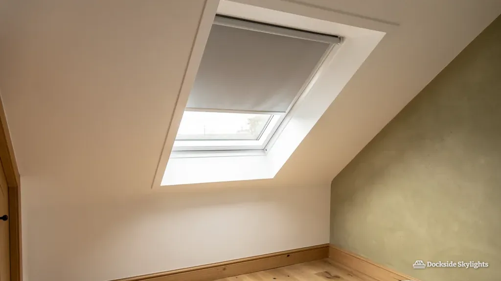 Loft room roof window with a blackout blind half drawn