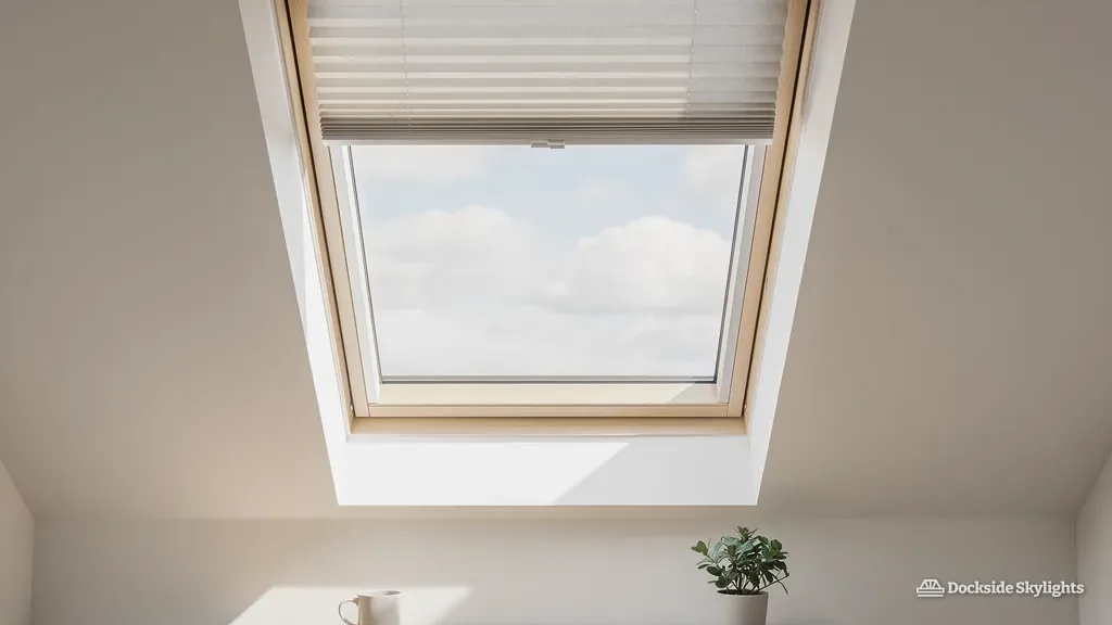 Desk beneath a roof window with a pleated blind