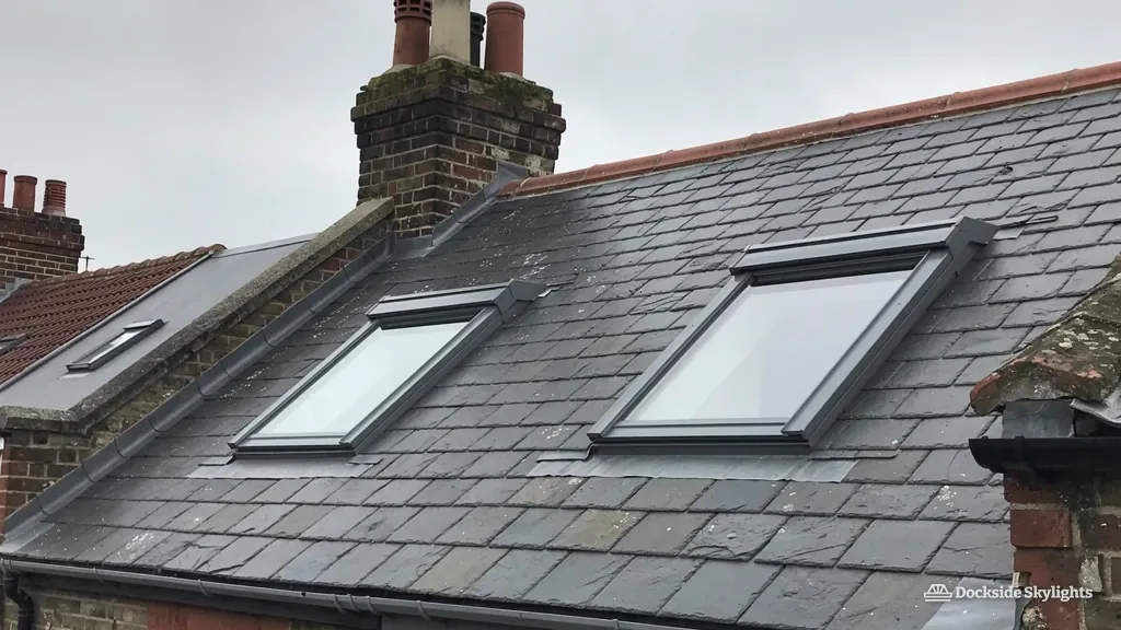 Two roof windows in a slate roof with chimneys above a brick house