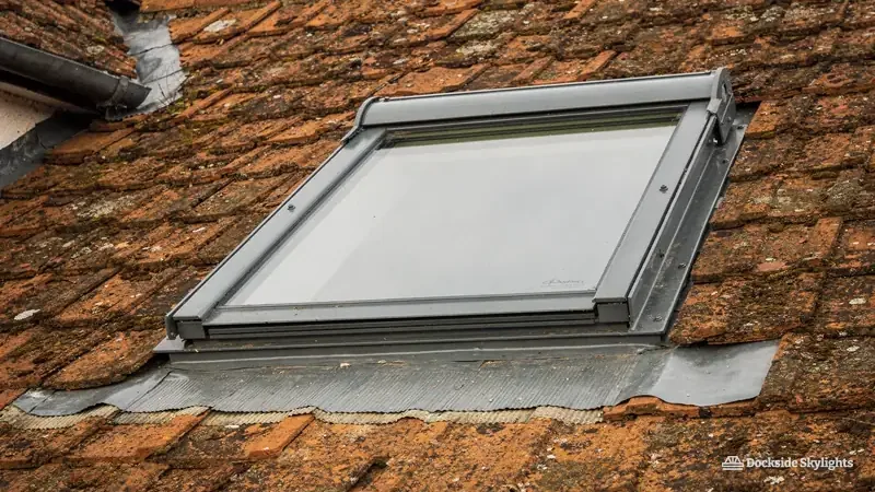 Roof window with grey flashing set into an orange clay-tiled roof