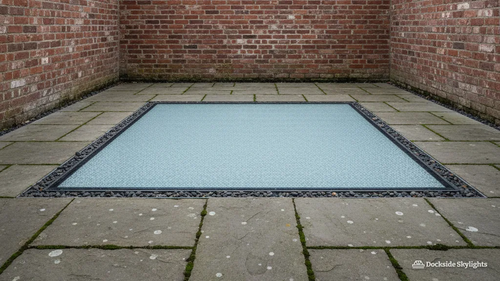 Flush walk-on glass panel in stone paving inside a red-brick courtyard