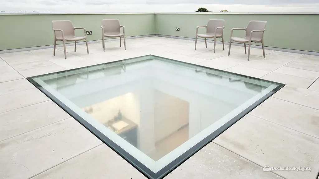 Walk-on rooflight flush with the paving on a roof terrace with chairs