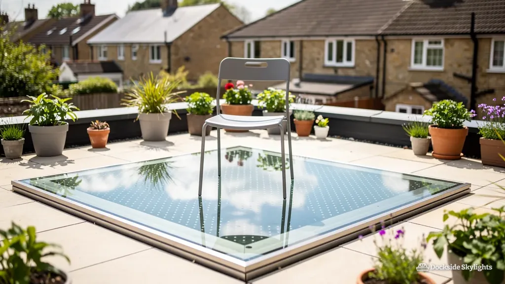 Walk-on glass panel on a planted roof terrace above brick houses