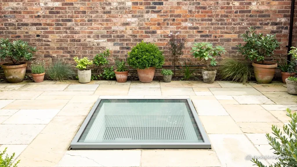 Walk-on rooflight set into a paved yard in front of an old red-brick wall