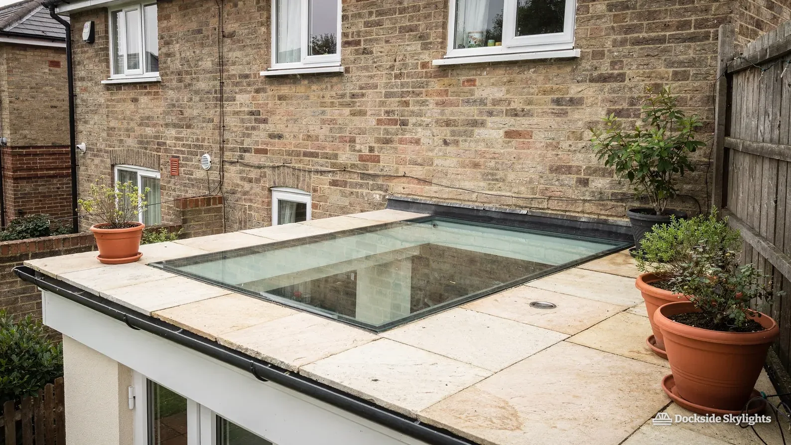 Walk-on rooflight in a paved terrace on top of a rear extension